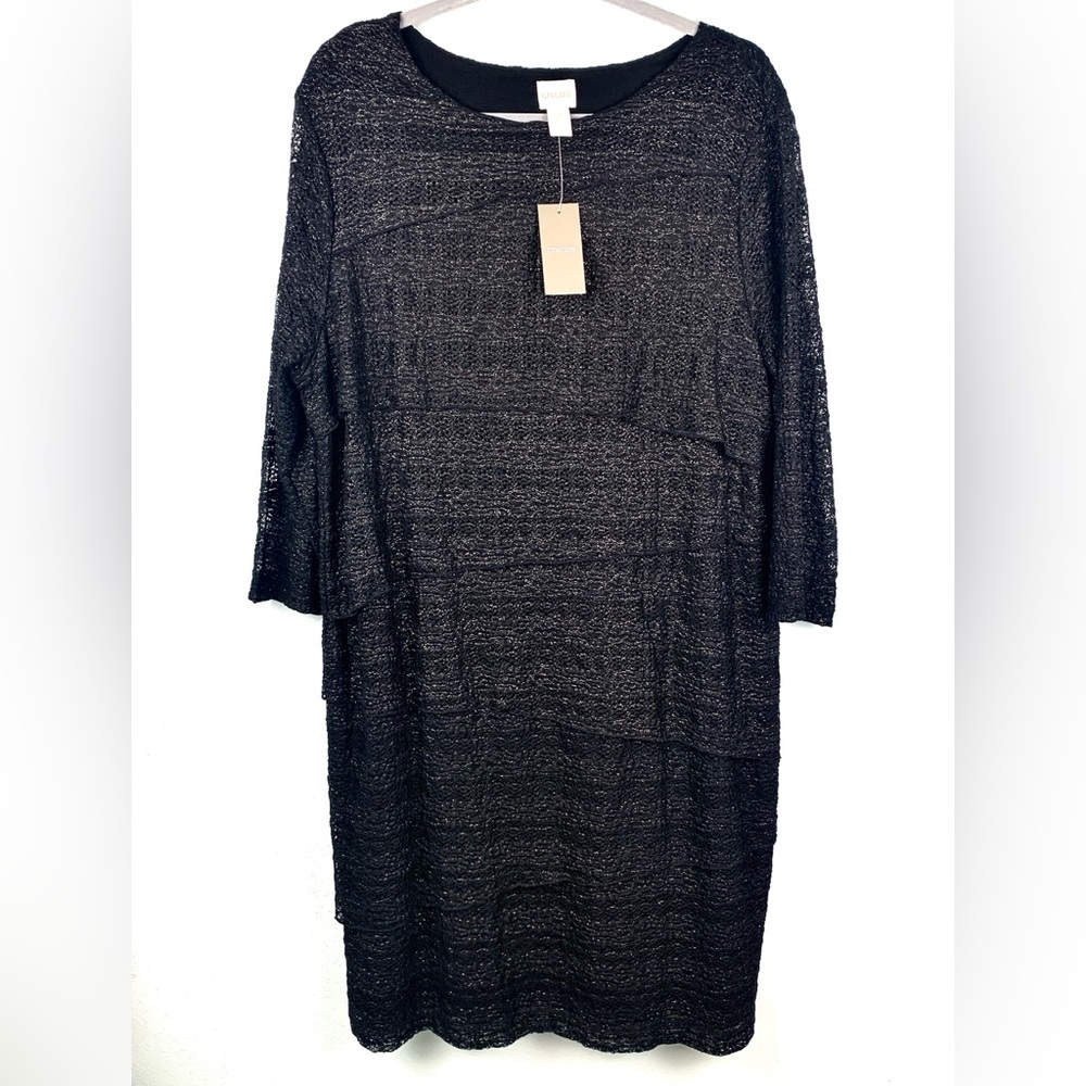 NWT Chico’s Size 3 Black/Silver ‘Jill Layer Lace Dress’ (XL/16)